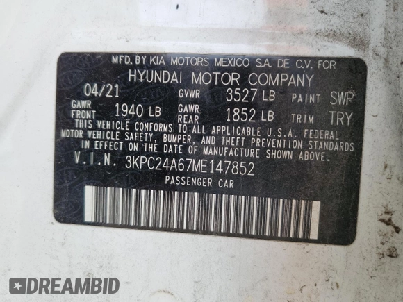 2021 Hyundai Accent SE z VIN 3KPC24A67ME147852, wystawiony jako Copart lot #56065625 z przebiegiem 77 003 mil mil oraz Szkoda całkowita • Salvage title. Historia ofert i sprzedaży dostępna na DreamBid. Obrazek 13.