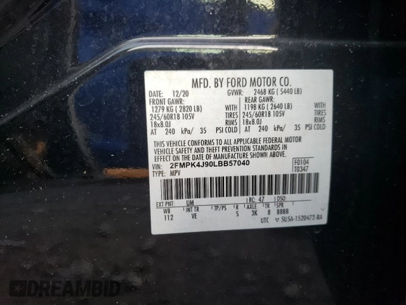 2020 Ford Edge SEL с VIN 2FMPK4J90LBB57040, выставлен на аукционе Copart как лот 62237005 с пробегом Не указан миль и Списание • Salvage title. История ставок и продаж доступна на DreamBid. Изображение 13.