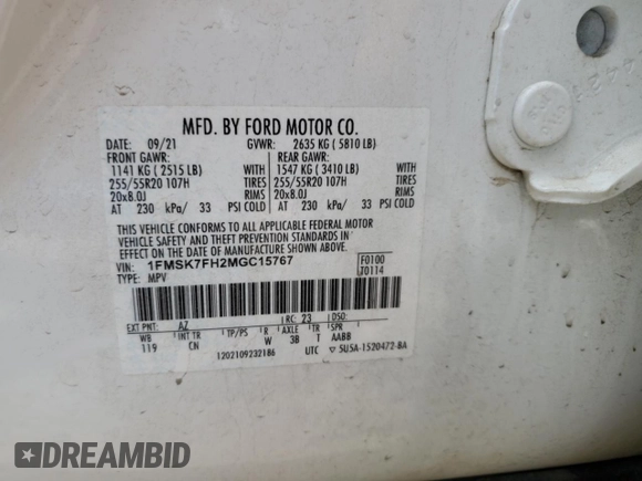 2021 Ford Explorer Limited z VIN 1FMSK7FH2MGC15767, wystawiony jako Copart lot #60029515 z przebiegiem 105 092 mil mil oraz Szkoda całkowita • Salvage title. Historia ofert i sprzedaży dostępna na DreamBid. Obrazek 13.