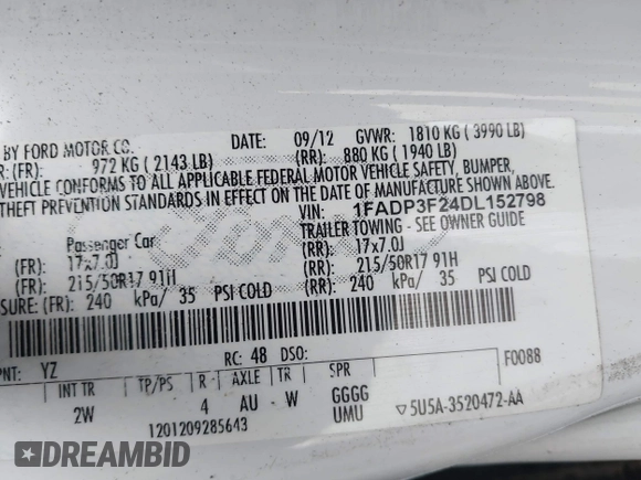 2013 Ford Focus SE with VIN 1FADP3F24DL152798, listed as a IAAI auction lot 42173023 with 133,411 mi miles and . Bid and sale history available at carsss.com. Image 9.