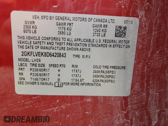2013 GMC Terrain SLT with VIN 2GKFLVEK8D6420843, listed as a Copart auction lot 57419395 with 134,807 mi miles and Salvage title. Bid and sale history available at DreamBid. Image 13.