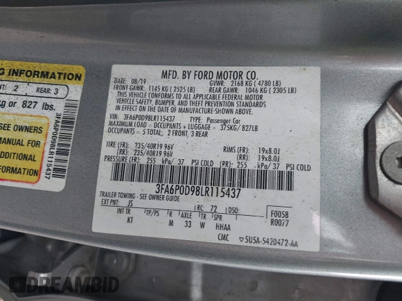 2020 Ford Fusion Titanium with VIN 3FA6P0D98LR115437, listed as a IAAI auction lot 42331052 with 127,346 mi miles and . Bid and sale history available at DreamBid. Image 9.