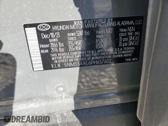 2023 Hyundai Santa Fe Calligraphy with VIN 5NMS54AL6PH657602, listed as a Copart auction lot 43072745 with 17,228 mi miles and Salvage Title. Bid and sale history available at carsss.com. Image 13.