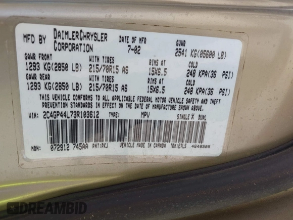 2003 Chrysler Town & Country LX with VIN 2C4GP44L73R103612, listed as a IAAI auction lot 41680848 with 211,360 mi miles and . Bid and sale history available at DreamBid. Image 9.