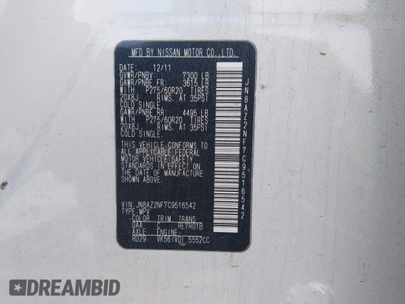 2012 Infiniti QX56 7-passenger с VIN JN8AZ2NF7C9516542, выставлен на аукционе IAAI как лот 42319421 с пробегом 222 230 миль миль и . История ставок и продаж доступна на DreamBid. Изображение 9.