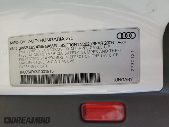 2018 Audi TT z VIN TRUC5AFV3J1001815, wystawiony jako Copart lot #49773065 z przebiegiem Nie podano mil oraz Szkoda całkowita • Salvage title. Historia ofert i sprzedaży dostępna na DreamBid. Obrazek 14.