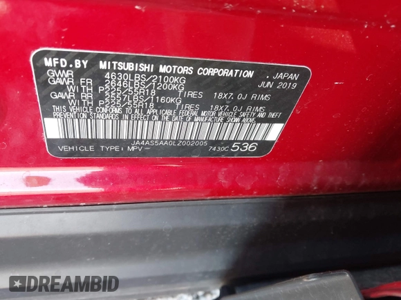 2020 Mitsubishi Eclipse Cross SE with VIN JA4AS5AA0LZ002005, listed as a IAAI auction lot 41907985 with 65,516 mi miles and . Bid and sale history available at DreamBid. Image 9.