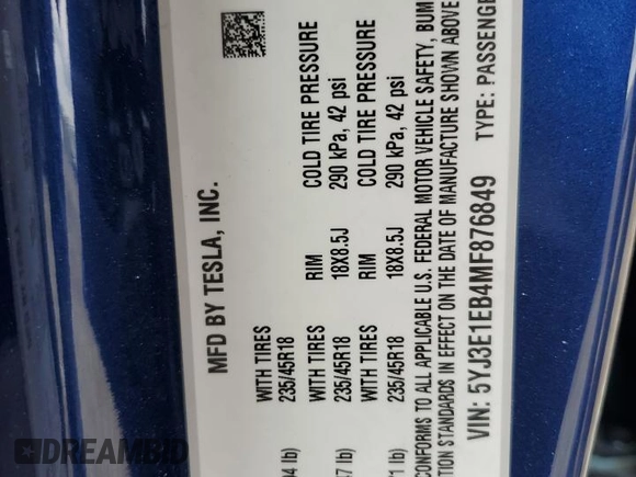 2021 Tesla Model 3 Long Range z VIN 5YJ3E1EB4MF876849, wystawiony jako Copart lot #48927385 z przebiegiem 32 163 mil mil oraz Szkoda całkowita • Salvage title. Historia ofert i sprzedaży dostępna na DreamBid. Obrazek 14.