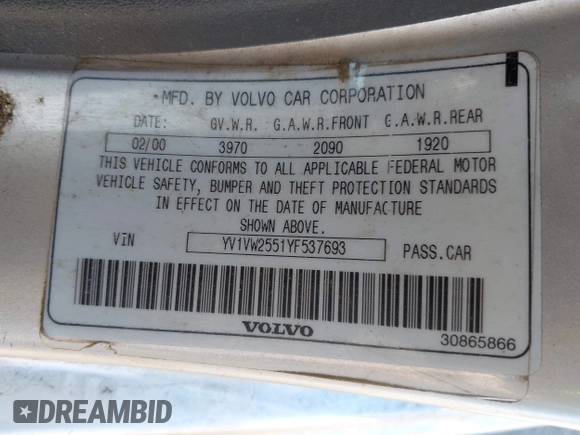 2000 Volvo V40 z VIN YV1VW2551YF537693, wystawiony jako IAAI lot #42148590 z przebiegiem 162 726 mil mil oraz . Historia ofert i sprzedaży dostępna na DreamBid. Obrazek 9.