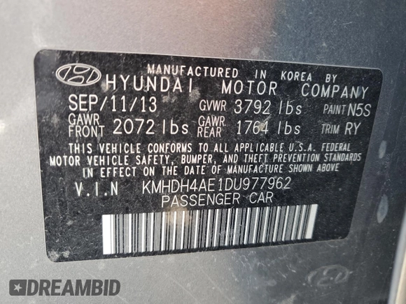 2013 Hyundai Elantra Limited with VIN KMHDH4AE1DU977962, listed as a Copart auction lot 50309165 with 104,206 mi miles and Salvage Title. Bid and sale history available at carsss.com. Image 12.
