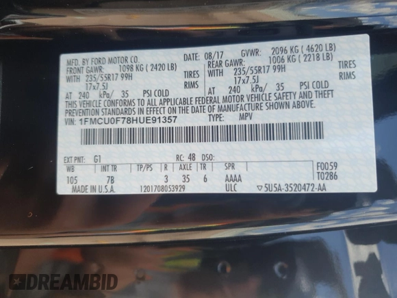 2017 Ford Escape S z VIN 1FMCU0F78HUE91357, wystawiony jako Copart lot #62545785 z przebiegiem 55 002 mil mil oraz Szkoda całkowita • Salvage title. Historia ofert i sprzedaży dostępna na DreamBid. Obrazek 13.