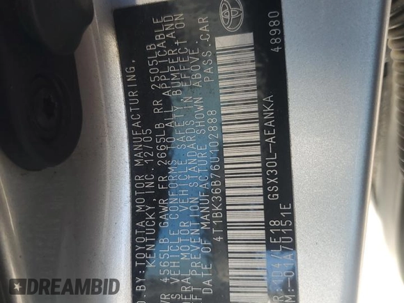 2006 Toyota Avalon XL with VIN 4T1BK36B76U102888, listed as a Copart auction lot 50785495 with 271,134 mi miles and Salvage Title. Bid and sale history available at DreamBid. Image 14.
