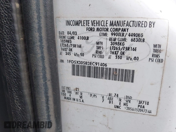 2003 Ford F-350 with VIN 1FDSX30S83EC91406, listed as a IAAI auction lot 41740790 with Not Provided miles and . Bid and sale history available at DreamBid. Image 8.