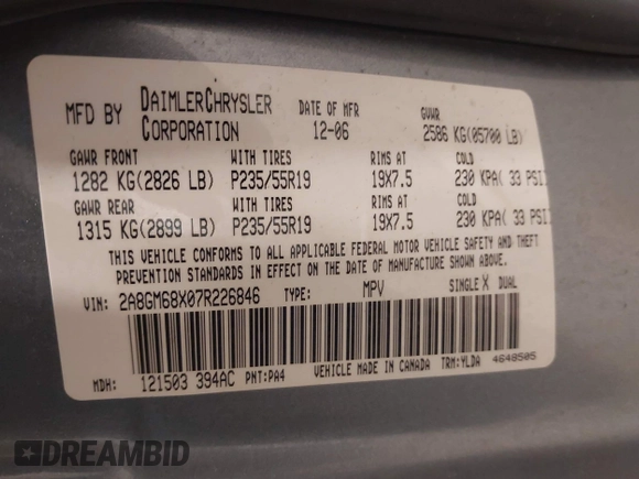 2007 Chrysler Pacifica Touring with VIN 2A8GM68X07R226846, listed as a IAAI auction lot 42058301 with 187,557 mi miles. Bid and sale history available at carsss.com. Image 9.