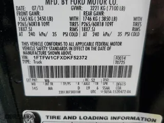 2013 Ford F-150 XL with VIN 1FTFW1CFXDKF52372, listed as a Copart auction lot 46650205 with 107,853 mi miles and Salvage Title. Bid and sale history available at carsss.com. Image 12.