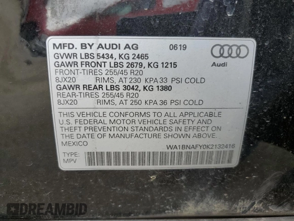 2019 Audi Q5 Premium Plus with VIN WA1BNAFY0K2132416, listed as a Copart auction lot 48697485 with 88,717 mi miles and Salvage Title. Bid and sale history available at carsss.com. Image 12.