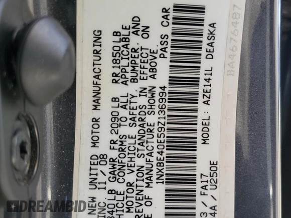 2009 Toyota Corolla XRS with VIN 1NXBE40E59Z136994, listed as a Copart auction lot 87711105 with 114,254 mi miles and Salvage Title. Bid and sale history available at carsss.com. Image 12.