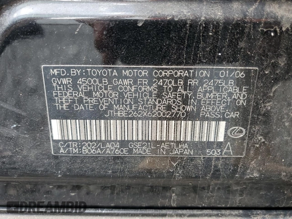 2006 Lexus IS 350 with VIN JTHBE262X62002770, listed as a Copart auction lot 50224325 with 270,328 mi miles and Salvage Title. Bid and sale history available at DreamBid. Image 12.