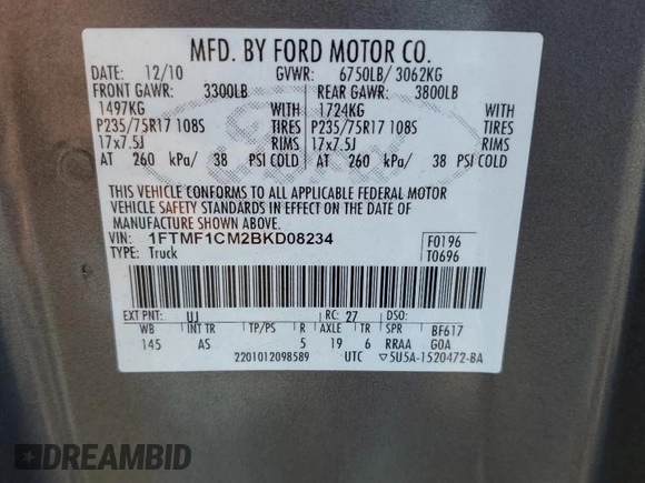 2011 Ford F-150 XL with VIN 1FTMF1CM2BKD08234, listed as a Copart auction lot 48413095 with 144,204 mi miles and Salvage Title. Bid and sale history available at DreamBid. Image 12.