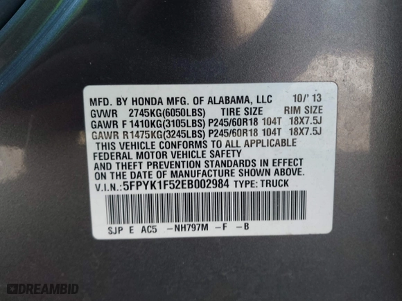 2014 Honda Ridgeline RTL with VIN 5FPYK1F52EB002984, listed as a IAAI auction lot 41347361 with 162,015 mi miles. Bid and sale history available at carsss.com. Image 9.