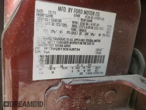 2013 Ford F-250 XL with VIN 1FT7W2BT3DEA28724, listed as a Copart auction lot 47623275 with 128,769 mi miles and Salvage title. Bid and sale history available at DreamBid. Image 12.