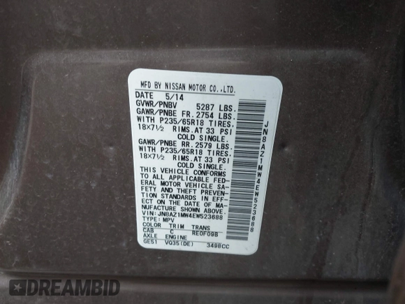 2014 Nissan Murano S with VIN JN8AZ1MW4EW523688, listed as a IAAI auction lot 42325985 with 99,017 mi miles and . Bid and sale history available at DreamBid. Image 9.
