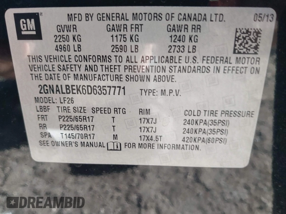 2013 Chevrolet Equinox LS z VIN 2GNALBEK6D6357771, wystawiony jako IAAI lot #41869481 z przebiegiem 186 134 mil mil oraz . Historia ofert i sprzedaży dostępna na DreamBid. Obrazek 9.