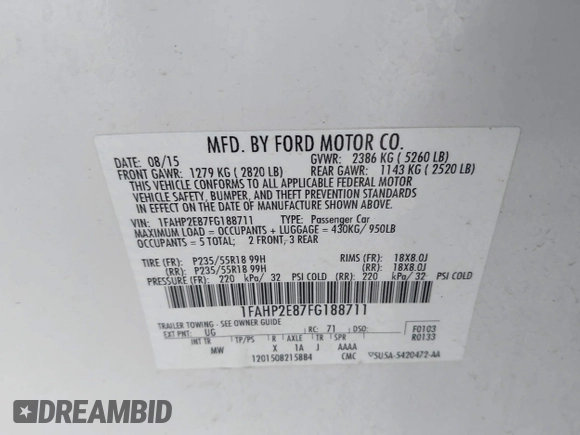 2015 Ford Taurus SEL с VIN 1FAHP2E87FG188711, выставлен на аукционе IAAI как лот 42182809 с пробегом 150 500 миль миль и . История ставок и продаж доступна на DreamBid. Изображение 9.