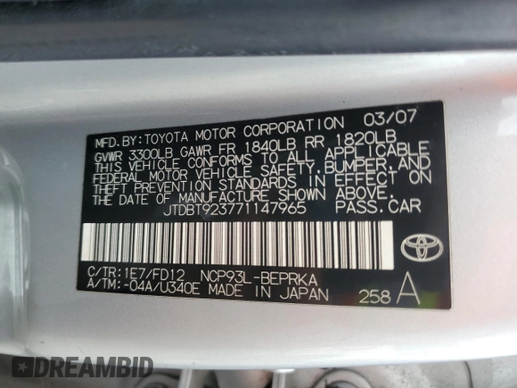 2007 Toyota Yaris with VIN JTDBT923771147965, listed as a Copart auction lot 53378545 with 218,345 mi miles and Clean Title. Bid and sale history available at carsss.com. Image 12.