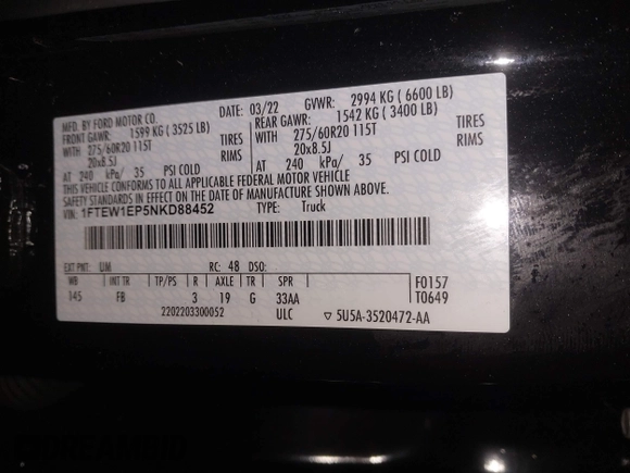 2022 Ford F-150 XL z VIN 1FTEW1EP5NKD88452, wystawiony jako IAAI lot #41606823 z przebiegiem 35 007 mil mil oraz . Historia ofert i sprzedaży dostępna na DreamBid. Obrazek 9.