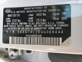 2016 Kia Optima LX with VIN 5XXGT4L36GG068444, listed as a Copart auction lot 51160515 with 80,083 mi miles and Clean Title. Bid and sale history available at carsss.com. Image 12.