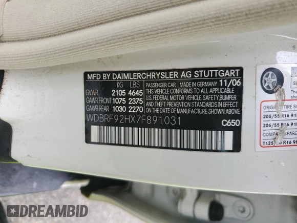2007 Mercedes-Benz C 280 Luxury with VIN WDBRF92HX7F891031, listed as a Copart auction lot 57889315 with 168,789 mi miles and Salvage title. Bid and sale history available at DreamBid. Image 12.