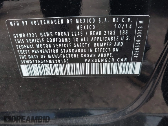 2015 Volkswagen Jetta SE with VIN 3VWD17AJ4FM238189, listed as a IAAI auction lot 42631257 with 92,561 mi miles and . Bid and sale history available at DreamBid. Image 9.