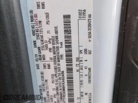2019 Ford Transit с VIN 1FTYR3XM8KKA82456, выставлен на аукционе Copart как лот 75088664 с пробегом Не указан миль и Списание • Salvage title. История ставок и продаж доступна на DreamBid. Изображение 14.
