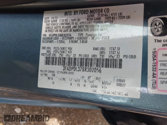 2011 Ford Fusion Hybrid with VIN 3FADP0L37BR302056, listed as a IAAI auction lot 42680595 with 276,846 mi miles and . Bid and sale history available at DreamBid. Image 9.