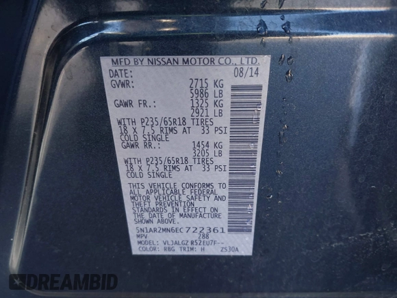 2014 Nissan Pathfinder SL with VIN 5N1AR2MN6EC722361, listed as a IAAI auction lot 41706091 with 44,349 mi miles and . Bid and sale history available at DreamBid. Image 9.
