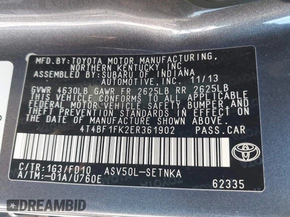 2014 Toyota Camry L with VIN 4T4BF1FK2ER361902, listed as a IAAI auction lot 41263835 with 79,406 mi miles. Bid and sale history available at carsss.com. Image 9.