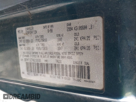 1999 Dodge 1500 z VIN 3B7HF13Z7XG118165, wystawiony jako IAAI lot #41385547 z przebiegiem Nie podano mil oraz . Historia ofert i sprzedaży dostępna na DreamBid. Obrazek 9.