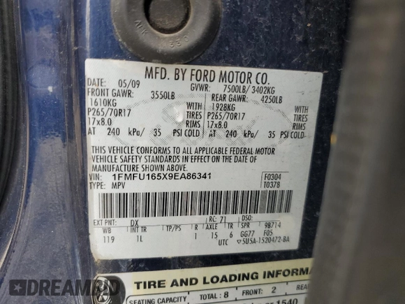 2009 Ford Expedition SSV z VIN 1FMFU165X9EA86341, wystawiony jako Copart lot #61268995 z przebiegiem Nie podano mil oraz Szkoda całkowita • Salvage title. Historia ofert i sprzedaży dostępna na DreamBid. Obrazek 12.