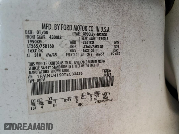 2000 Ford Excursion XLT с VIN 1FMNU41S0YEC33436, выставлен на аукционе Copart как лот 58967765 с пробегом 150 114 миль миль и Списание • Salvage title. История ставок и продаж доступна на DreamBid. Изображение 13.