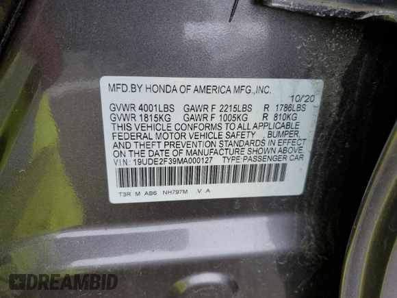 2021 Acura ILX with VIN 19UDE2F39MA000127, listed as a Copart auction lot 45699055 with 38,644 mi miles and Salvage title. Bid and sale history available at DreamBid. Image 14.