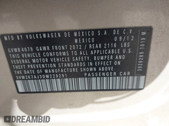 2013 Volkswagen Jetta Sedan S with VIN 3VW2K7AJ3DM229291, listed as a IAAI auction lot 42111542 with 167,952 mi miles. Bid and sale history available at carsss.com. Image 9.
