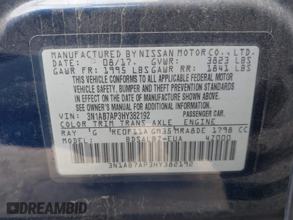 2017 Nissan Sentra SL with VIN 3N1AB7AP3HY382192, listed as a IAAI auction lot 42303954 with 74,278 mi miles and . Bid and sale history available at DreamBid. Image 9.