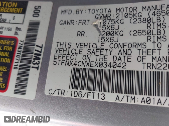 2014 Toyota Tacoma with VIN 5TFNX4CNXEX034042, listed as a IAAI auction lot 42059180 with 108,031 mi miles and . Bid and sale history available at DreamBid. Image 9.