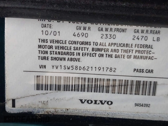 2002 Volvo V70 with VIN YV1SW58D621191782, listed as a IAAI auction lot 41736536 with 216,247 mi miles and . Bid and sale history available at DreamBid. Image 9.
