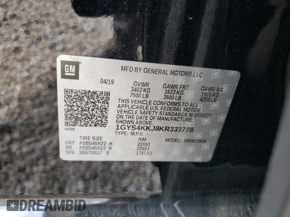 2019 Cadillac Escalade ESV Platinum with VIN 1GYS4KKJ8KR333778, listed as a Copart auction lot 58029705 with Not provided miles and Salvage title. Bid and sale history available at DreamBid. Image 13.