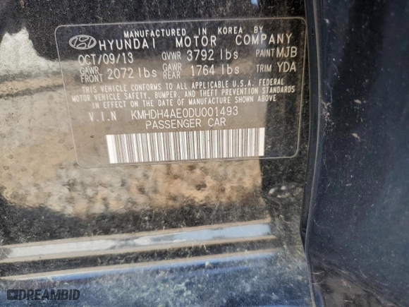 2013 Hyundai Elantra GLS PZEV with VIN KMHDH4AE0DU001493, listed as a Copart auction lot 53343765 with 224,665 mi miles and Clean Title. Bid and sale history available at carsss.com. Image 12.