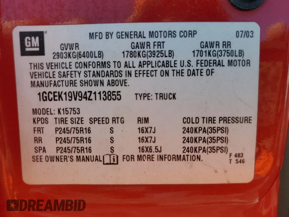 2004 Chevrolet Silverado 1500 with VIN 1GCEK19V94Z113855, listed as a Copart auction lot 50264745 with 202,735 mi miles and Clean Title. Bid and sale history available at DreamBid. Image 12.