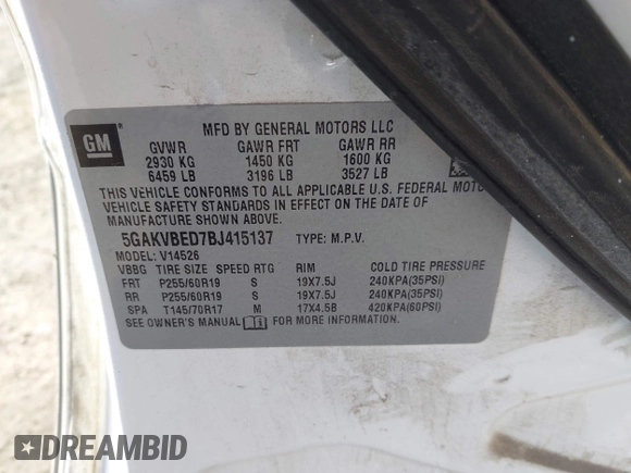 2011 Buick Enclave CXL-1 with VIN 5GAKVBED7BJ415137, listed as a IAAI auction lot 41939739 with 211,928 mi miles and . Bid and sale history available at DreamBid. Image 9.