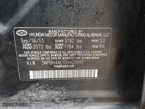 2013 Hyundai Elantra Limited PZEV with VIN 5NPDH4AE1DH420547, listed as a Copart auction lot 44891565 with 116,112 mi miles and Clean Title. Bid and sale history available at carsss.com. Image 14.